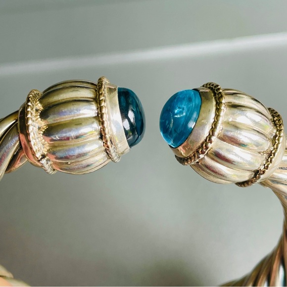 Large Blue Topaz 14k Gold & Sterling Silver 10mm Classic Cable Cuff Brac… - Picture 6 of 11